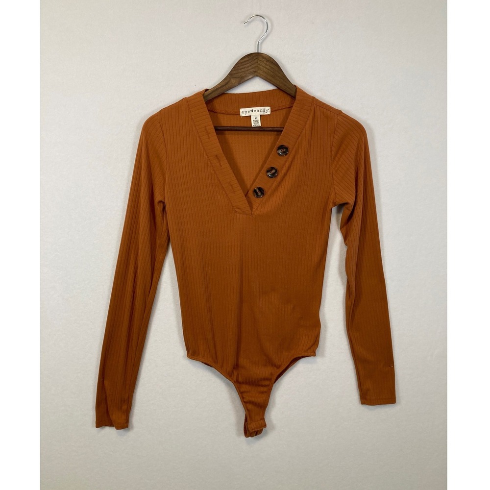 EyeCandy Ribbed Henley Bodysuit Rust Orange Long‎ Sleeve V Neck Button Womens M